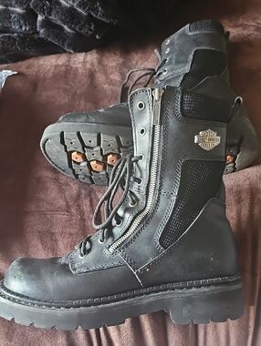 Harley-Davidson Black Leather Lace-Up Side-Zip Motorcycle Boots